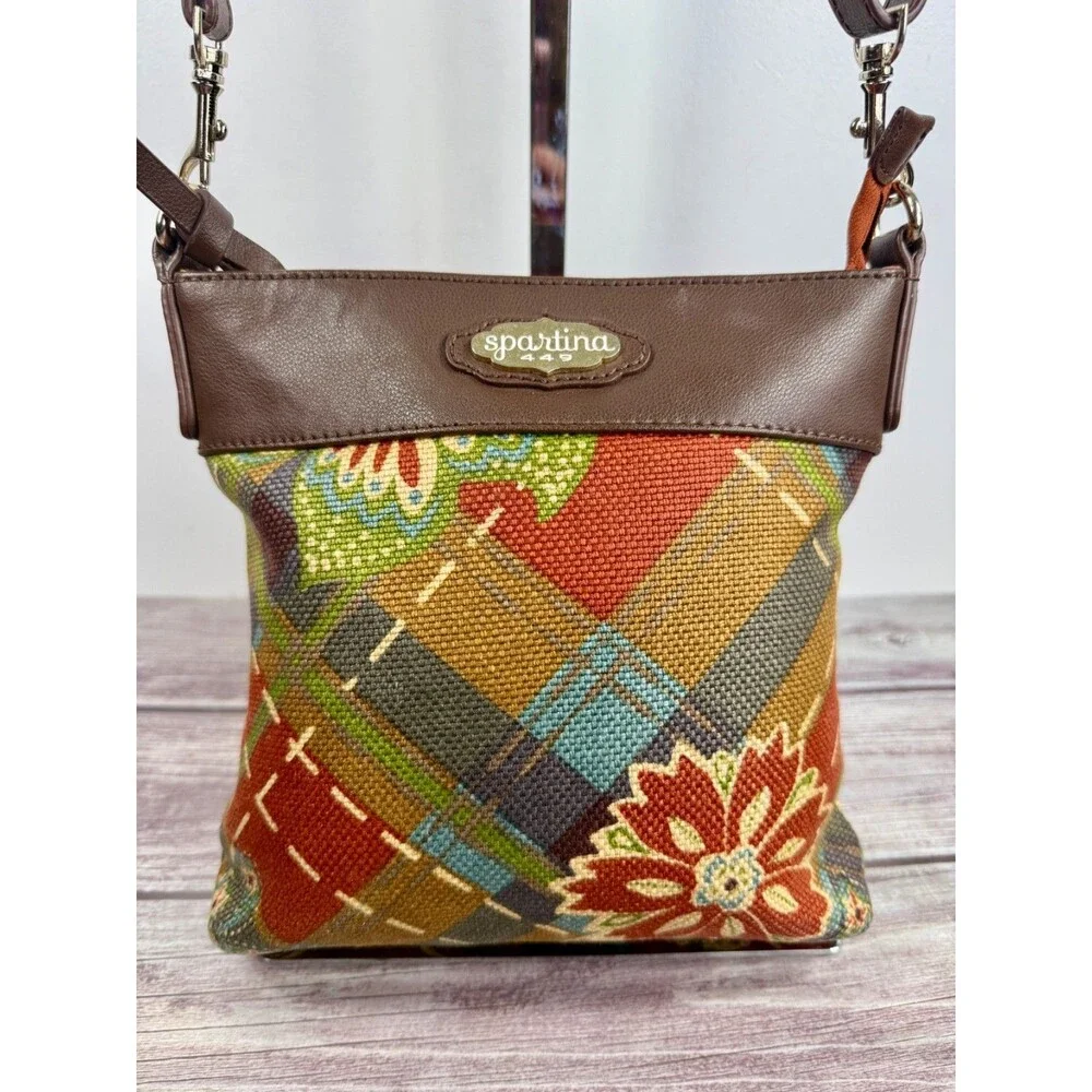 Spartina 449 Daufuskie Island Leather Fabric crossbody bag Boho EXCELLENT‎